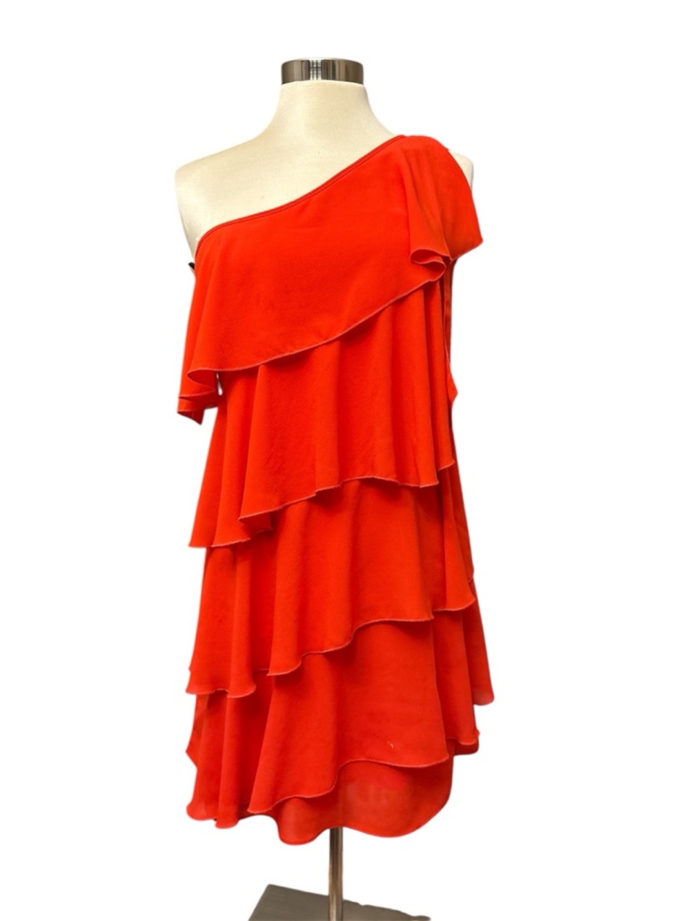 Boston Proper One-Shoulder Tiered Ruffle Dress in Vibrant Red-Orange Size XSmall